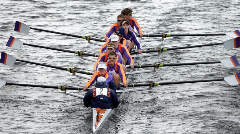 Hobart College's crew team row in the men's collegiate eights...