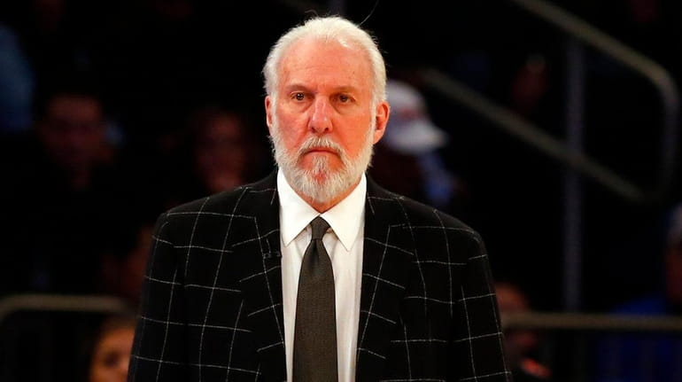 Head coach Gregg Popovich of the San Antonio Spurs looks...