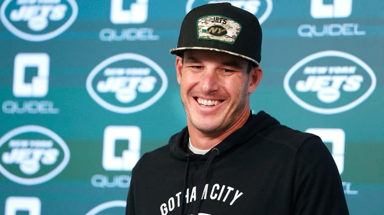 Jets quarterbacks coach Rob Calabrese answers questions from media during OTAs...