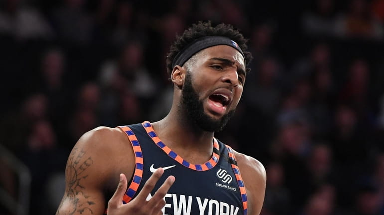 New York Knicks center Mitchell Robinson reacts during the second...