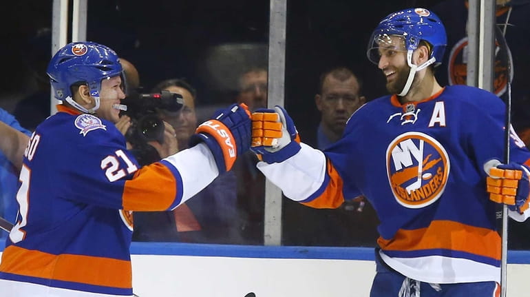 Frans Nielsen of the New York Islanders celebrates his second-period...