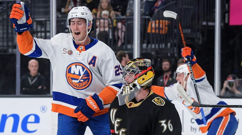 New York Islanders center Brock Nelson (29) celebrates after Islanders...