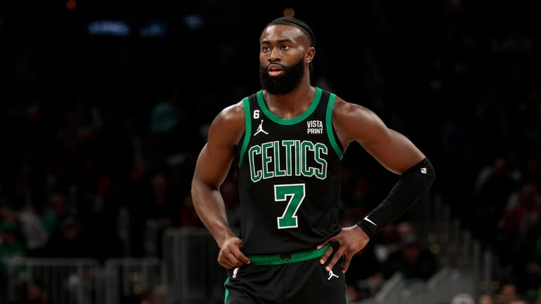 Jaylen Brown #7 of the Boston Celtics looks on against...