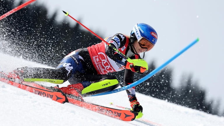 United States' Mikaela Shiffrin competes during the first run of...