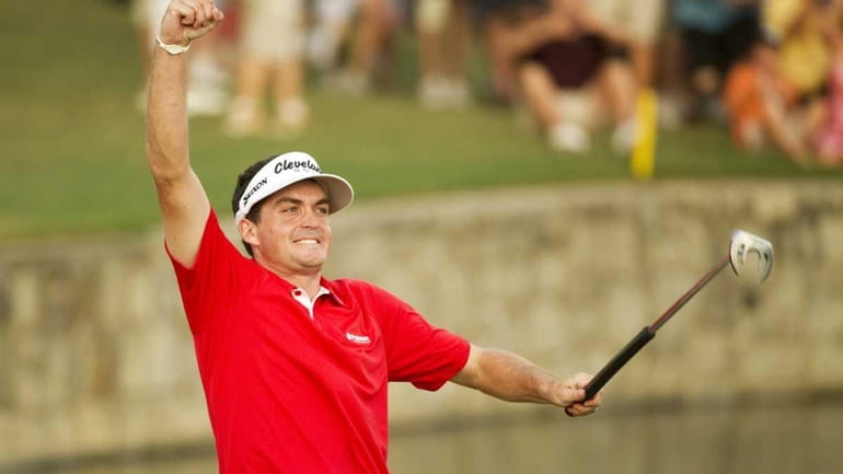 Keegan Bradley of the US celebrates his play-off victory over...