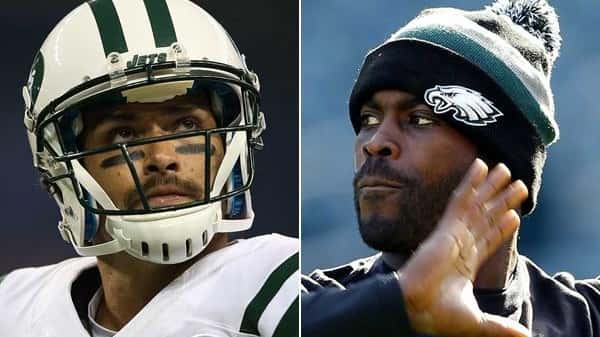 This composite image shows Jets quarterback Mark Sanchez, left, and...