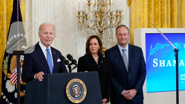 President Joe Biden speaks during a reception to celebrate the...
