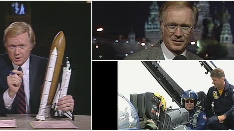 Clockwise from left: Chuck Scarborough telling viewers about the Challenger...