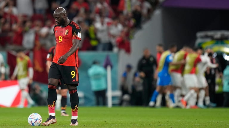 Belgium's Romelu Lukaku reacts after Morocco's Zakaria Aboukhlal scores his...
