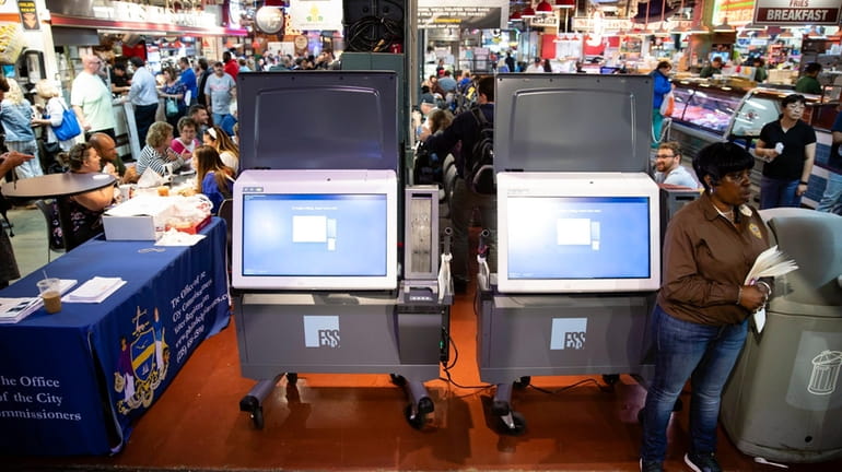 ExpressVote XL voting machines at a demonstration in Philadelphia in June...
