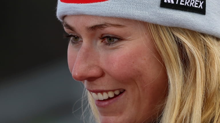 United States' Mikaela Shiffrin smiles after winning an alpine ski,...