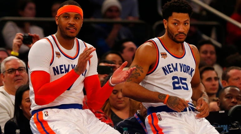 Carmelo Anthony, left, and Derrick Rose of the New York...