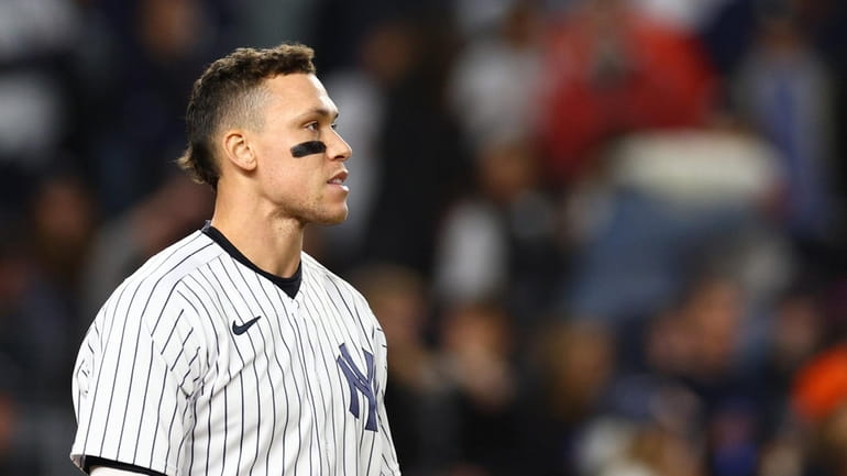Aaron Judge of the Yankees looks on during the sixth inning...