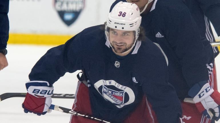 Mats Zuccarello looks on during Rangers practice in Greenburgh, New York...