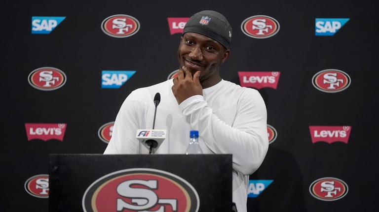 San Francisco 49ers' Deebo Samuel speaks to reporters after an...