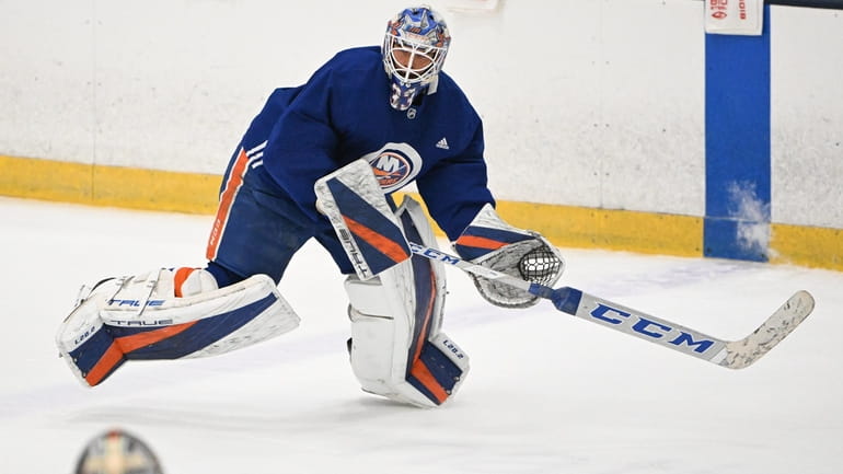 New York Islanders goalie Jakub Skarek skates during Prospect Development...