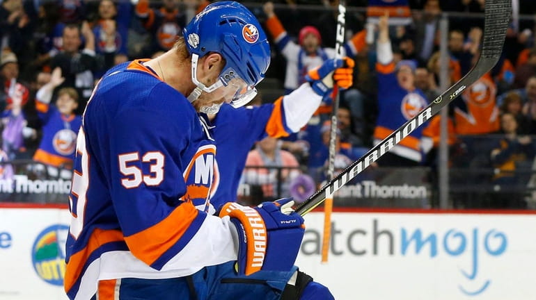 Casey Cizikas of the Islanders celebrates his goal against the...