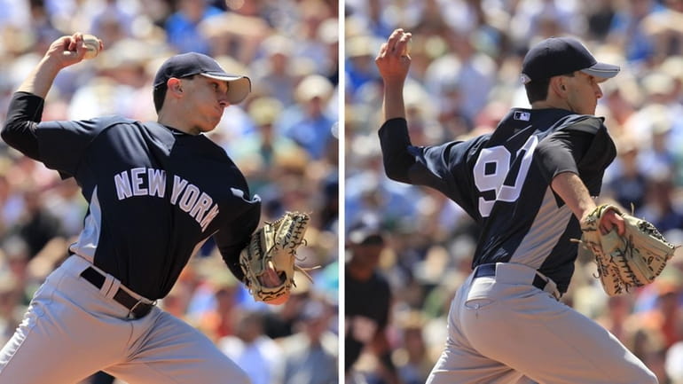 In this photo combo, New York Yankees pitcher Pat Venditte,...