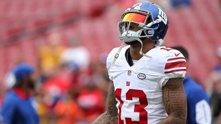 Odell Beckham #13 of the New York Giants warms up...