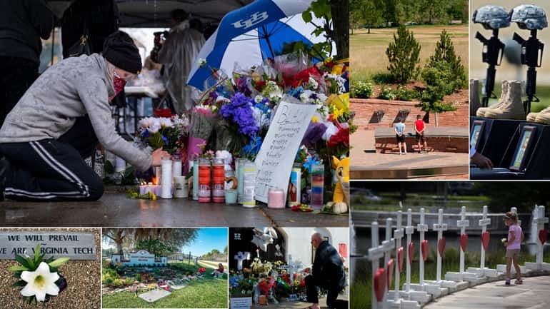 Memorials to mass shootings, clockwise, from top, Buffalo, N.Y.; Columbine...