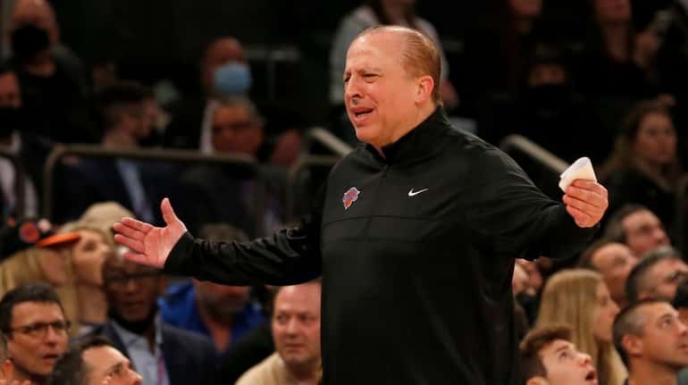 Head coach Tom Thibodeau of the Knicks reacts in the first...