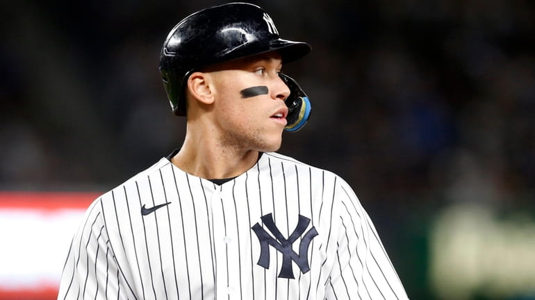 Aaron Judge of the Yankees looks on during the sixth inning...