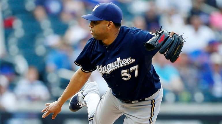 Francisco Rodriguez, then of the Milwaukee Brewers, pitches against the...