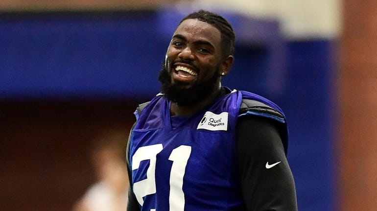 Landon Collins (21) of the Giants reacts during training camp at...