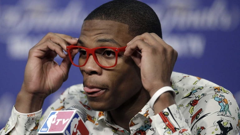 Oklahoma City Thunder point guard Russell Westbrook participates in a...