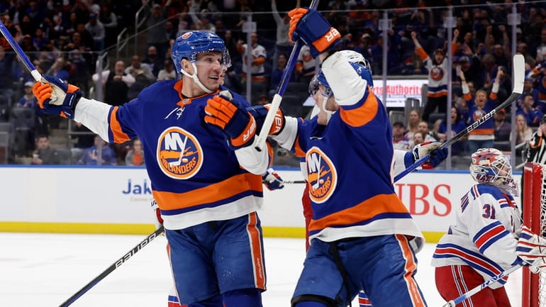 Bo Horvat of the Islanders celebrates his first-period goal against the...