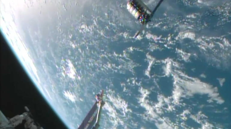 This framegrabbed image provided by NASA-TV shows the Cygnus spacecraft...