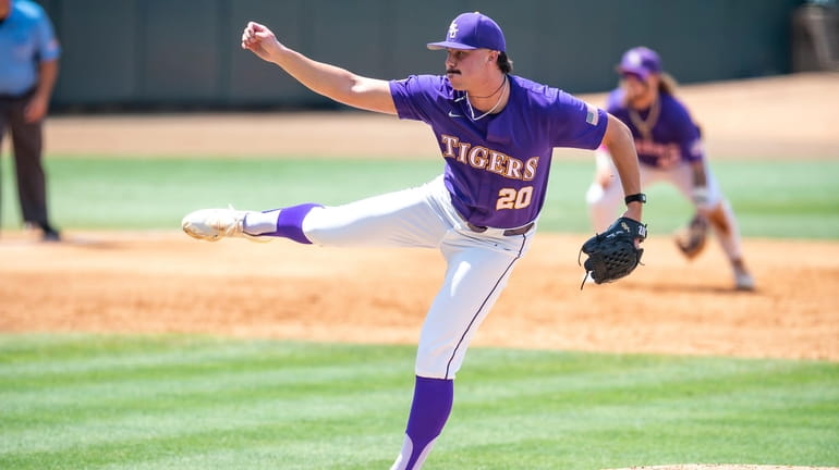 LSU starting pitcher Paul Skenes throws against Tulane during an...
