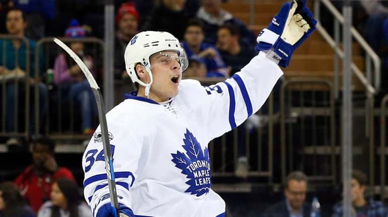 Auston Matthews of the Toronto Maple Leafs celebrates a second-period...
