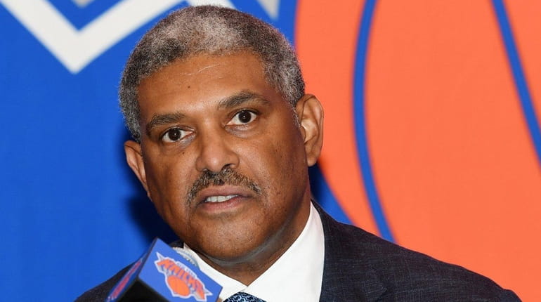 Knicks president Steve Mills takes questions during a press conference...