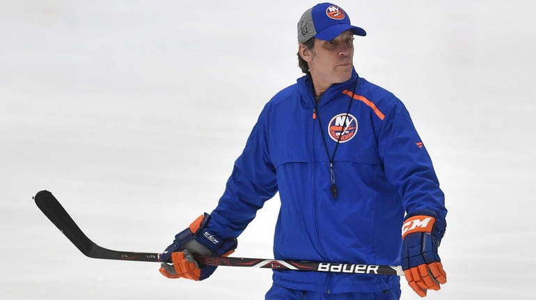 Lane Lambert, New York Islanders Associate Coach, watches practice at...