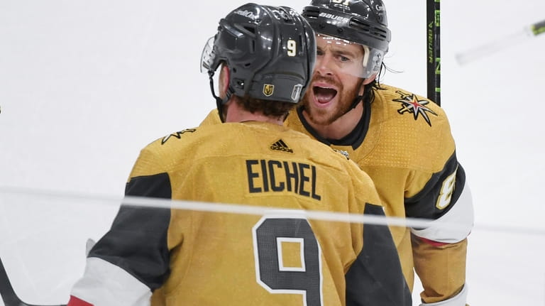 Vegas Golden Knights right wing Jonathan Marchessault (81) celebrates with...