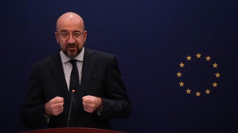European Council President Charles Michel speaks during a press conference...