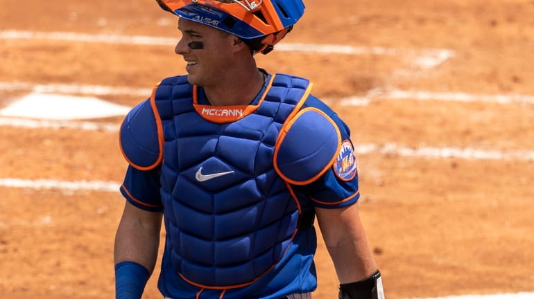 Mets catcher James McCann during an instrasquad game at spring...