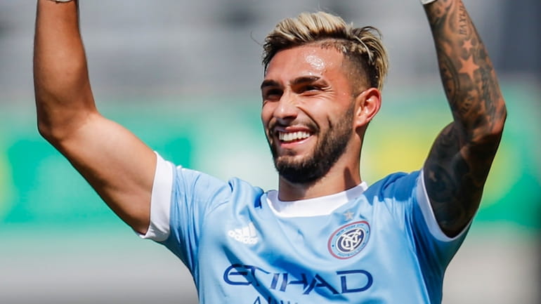 NYCFC forward Valentin Castellanos celebrates at the end of an...