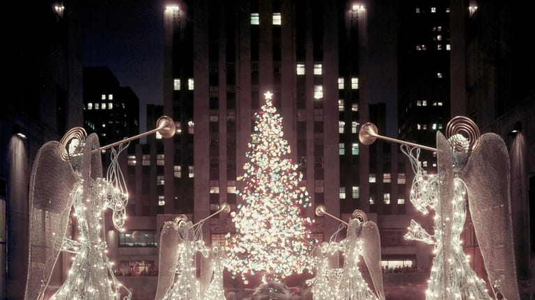 The 1955 Rockefeller Center Christmas Tree lighting ceremony as seen...