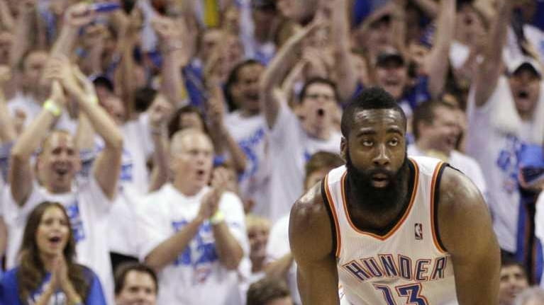 Oklahoma City Thunder guard James Harden gestures during the second...