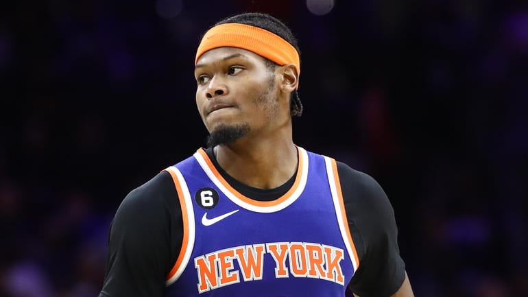 Cam Reddish #0 of the New York Knicks looks on...
