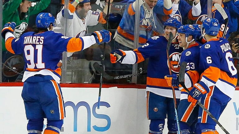 Josh Bailey of the New York Islanders celebrates his third-period...