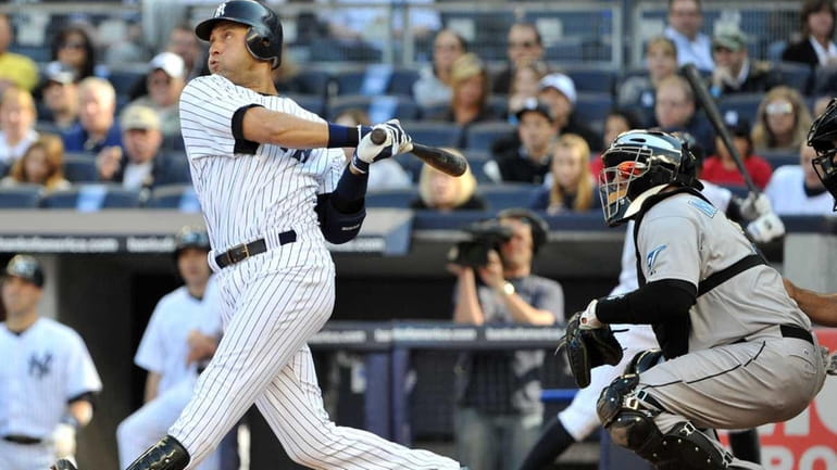 New York Yankees shortstop Derek Jeter (2) connects for an...