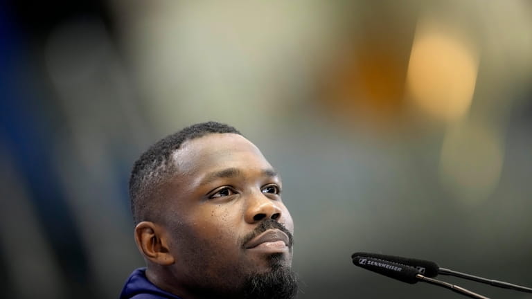 France's Marcus Thuram listens to a question during a press...