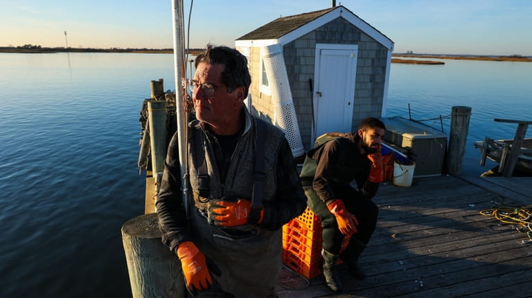 Chuck Westfall, owner of Thatch Island Oyster Farm, left, with...