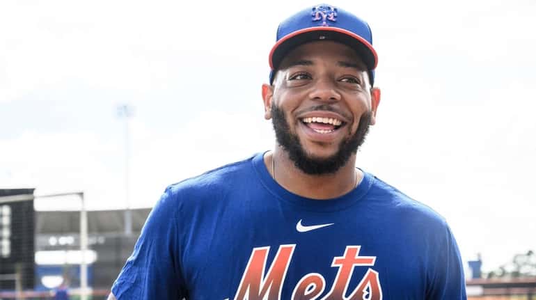 Mets first baseman Dominic Smith smiles during a spring training...