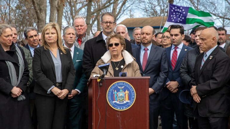 Diane Piagentini, widow of slain NYPD Officer Joseph Piagentini, speaks flanked...