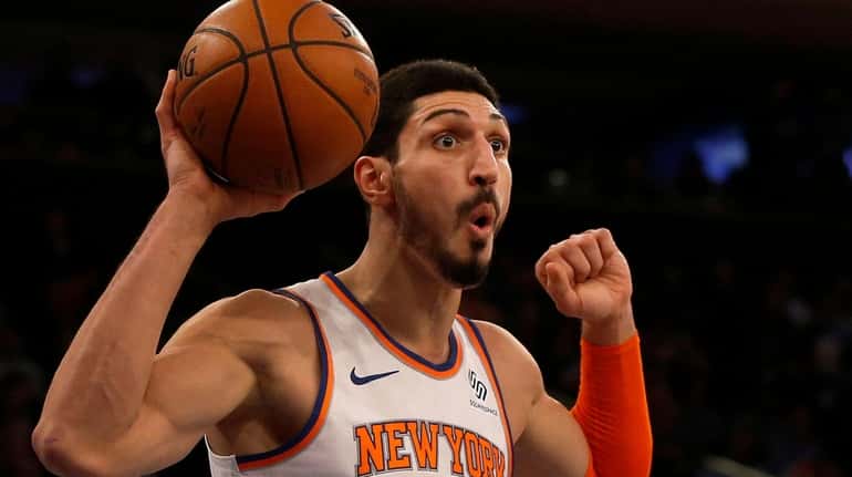 Enes Kanter #00 of the New York Knicks reacts after...