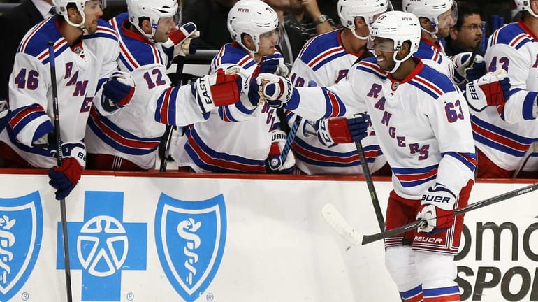 Rangers left wing Anthony Duclair celebrates his goal against the...